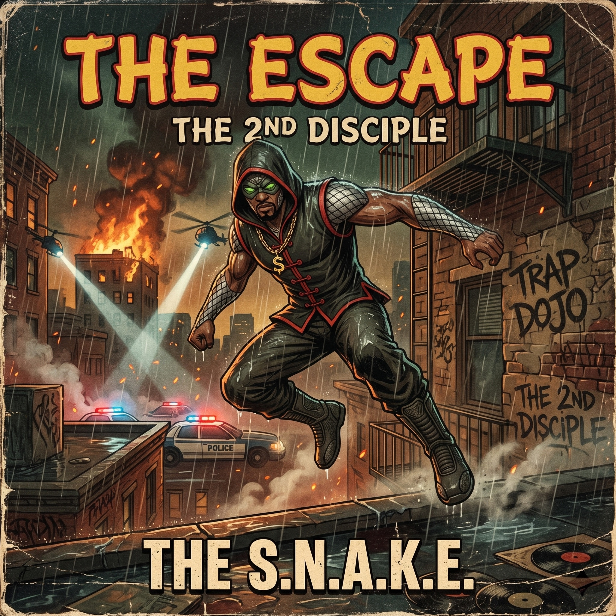 Track 14: The Escape Single Cover Art featuring rooftop departure into the night